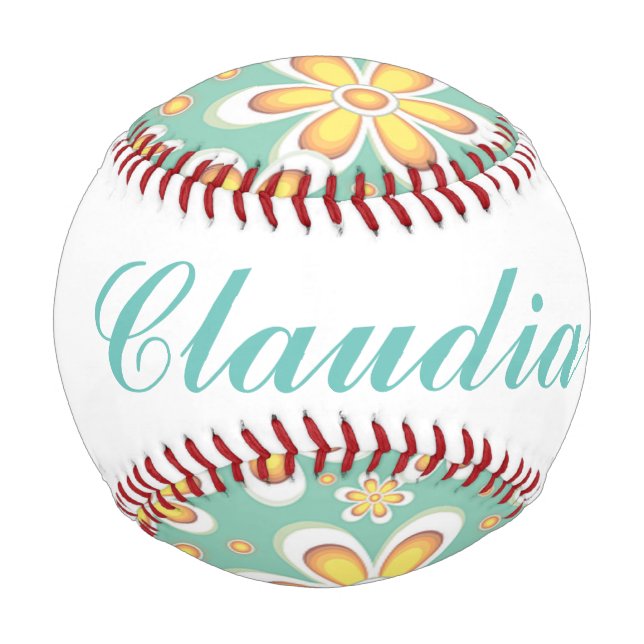 Pelota De Béisbol Monograma lindo naranja flores en verde (Anverso)