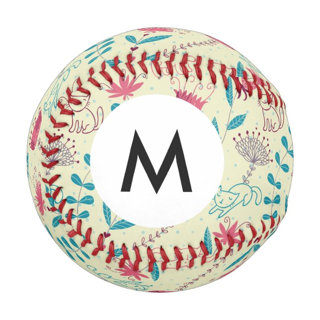 Pelota De Béisbol Monograma Patrón floral con gatos personalizados (Anverso izquierdo)