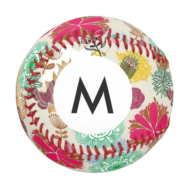 Pelota De Béisbol Monograma Patrón floral en estilo retro (Anverso izquierdo)