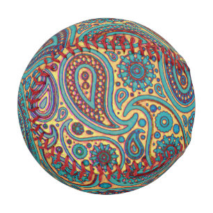 Pelota De Béisbol Motismo del arcoiris turquesa retro Paisley