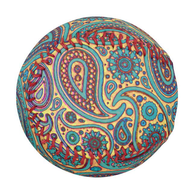 Pelota De Béisbol Motismo del arcoiris turquesa retro Paisley (Reverso derecho)