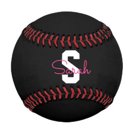 Pelota De Béisbol Nombre Bonito & Monograma | Negro Blanco & Rosa