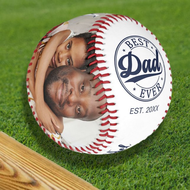 Pelota De Béisbol Nombre Monogramado de la mejor foto de papá (Family Name Photo Monogrammed Gold Baseball)