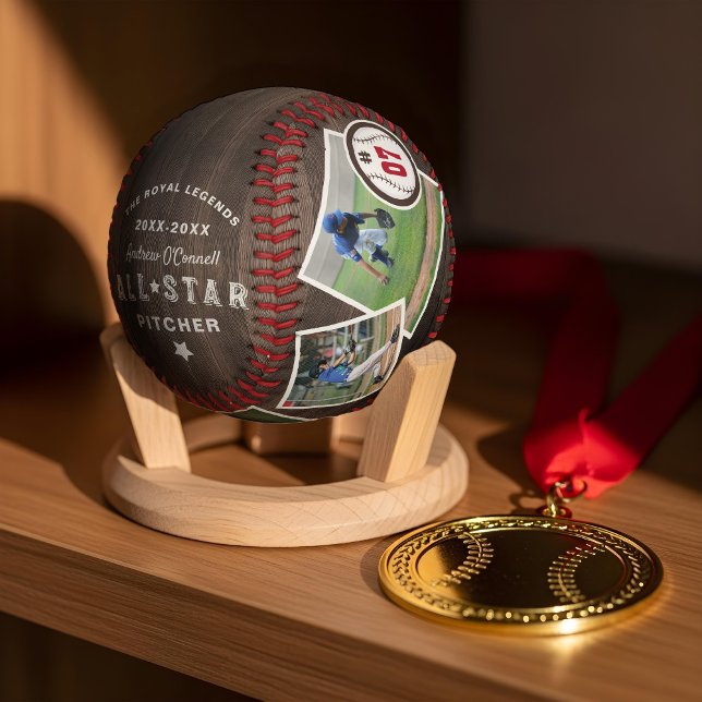 Pelota De Béisbol Número y Collage de fotos del jugador de Woodgrain (All-Star Woodgrain Player Number & Photo Collage Baseball)