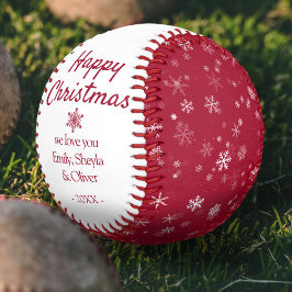 Pelota De Béisbol Patrón de copos de nieve rojos de Navidades felice
