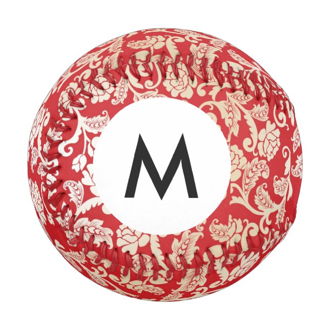 Pelota De Béisbol Patrón de fondo floral Monograma Damask (Anverso izquierdo)