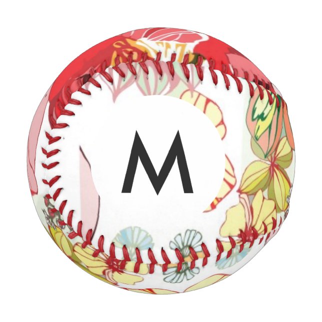 Pelota De Béisbol Patrón de monograma con flores rojas (Anverso izquierdo)