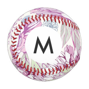Pelota De Béisbol Patrón de monograma con flores rosadas