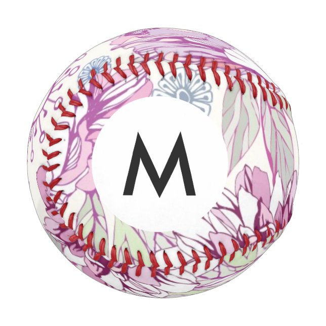 Pelota De Béisbol Patrón de monograma con flores rosadas (Anverso izquierdo)