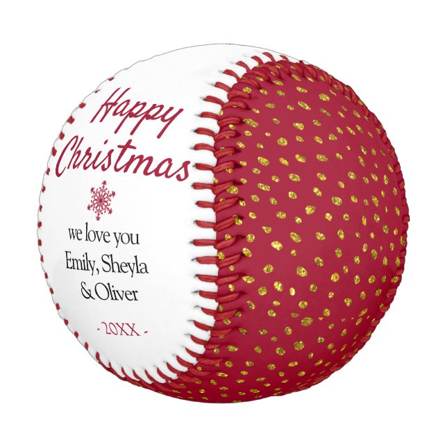 Pelota De Béisbol Patrón de Purpurina Oro Rojo Navidades Felices (Angular)