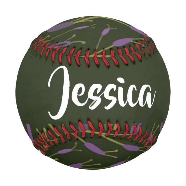 Pelota De Béisbol Patrón de ramas florales púrpura y verde (Anverso)
