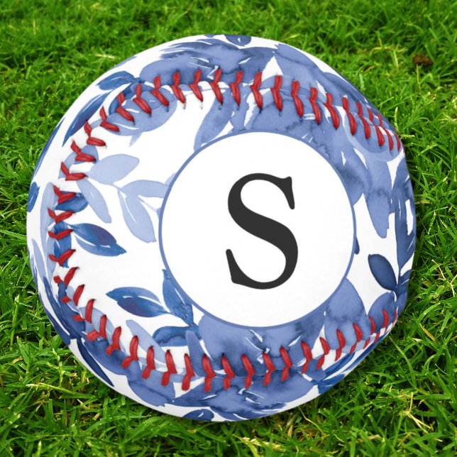Pelota De Béisbol Patrón floral azul monograma Botánico (Subido por el creador)