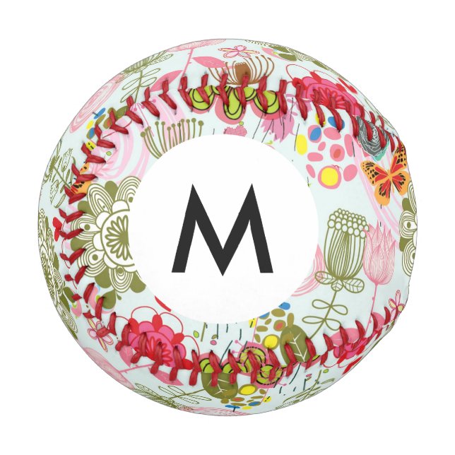 Pelota De Béisbol Patrón floral monograma estilo retro 2 (Anverso izquierdo)