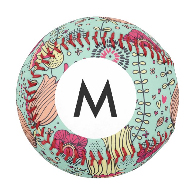 Pelota De Béisbol Patrón floral monograma Personalizado con aves (Anverso izquierdo)