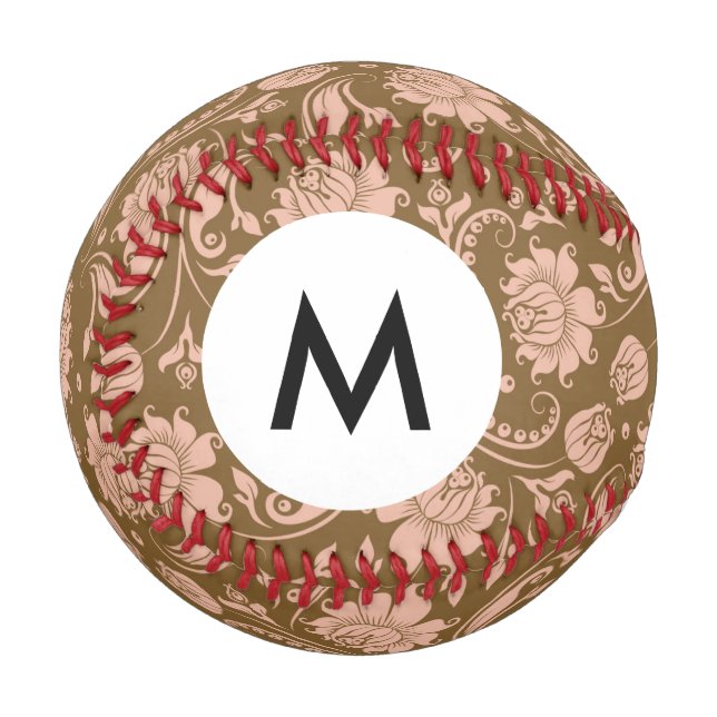 Pelota De Béisbol Patrón floral rosa y marrón monograma (Anverso izquierdo)