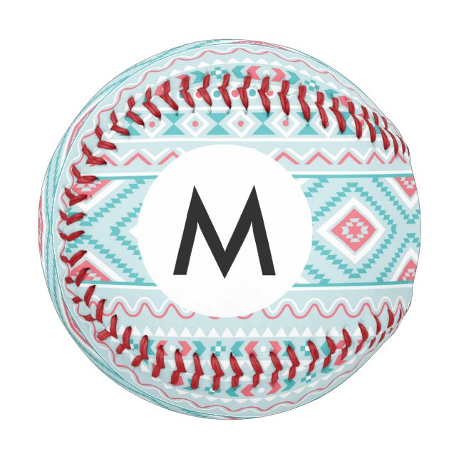 Pelota De Béisbol Patrón tribal azteca verde azulado y rosa (Anverso izquierdo)