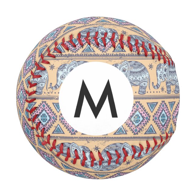 Pelota De Béisbol Patrón tribal de elefantes étnicos azules (Anverso izquierdo)