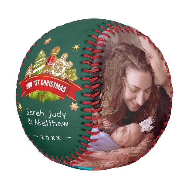 Pelota De Béisbol Primera Navidad Keepsake con fotos familiares (Angular)