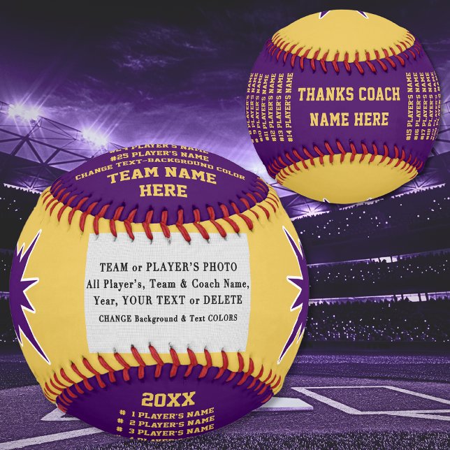 Pelota De Béisbol Púrpura y dorada, Regalos de Apreciación del entre (Personalized Baseball. Photo Baseball. Gift ideas for baseball coaches. Senior night baseball gifts.)