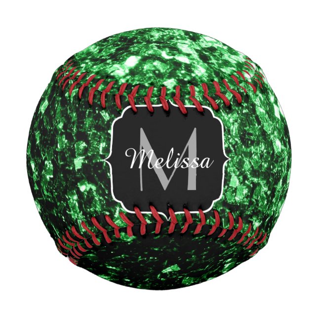 Pelota De Béisbol Purpurina negro verde falso brillo Monograma nombr (Anverso)