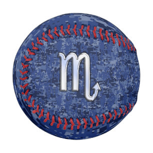Pelota De Béisbol Rótulo Zodiaco Escorpio Plateado en Camo Azul