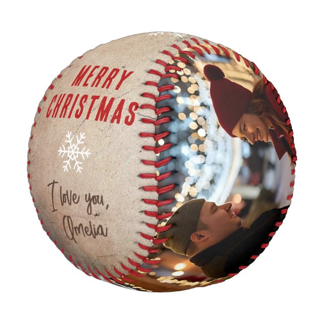 Pelota De Béisbol Rustic Merry Christmas 2 Photo Collage Keepsake (Angular)