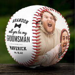 Pelota De Béisbol ¿Serás Mi Béisbol De Fotos De Groomsman?<br><div class="desc">Personalizado groomsmen béisbol con el dicho "serás mi padrino",  a quién es,  tu nombre,  una corbata de arco y tu cita. Más 2 fotos para que cambies,  haciendo de esto un regalo único para un amigo/pariente especial.</div>