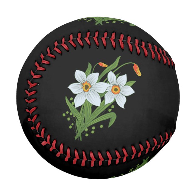 Pelota De Béisbol Tulipanes y Daffodils Flores Fondo negro (Anverso izquierdo)