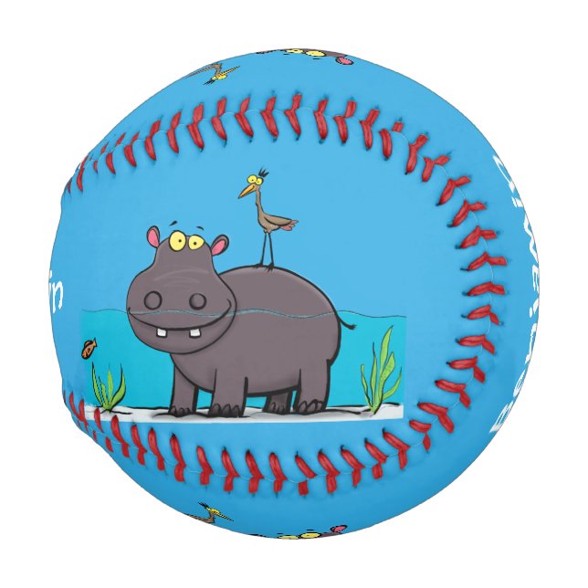 Pelota De Béisbol Un gracioso hipopótamo con personalizado de pájaro (Anverso derecho)