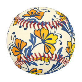Pelota De Béisbol Vintage Yellow Orange Folk Floral Blue Leaf