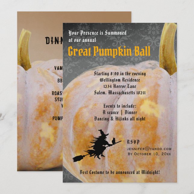 Pelota de calabaza de Halloween + Invitación de br (Anverso / Reverso)