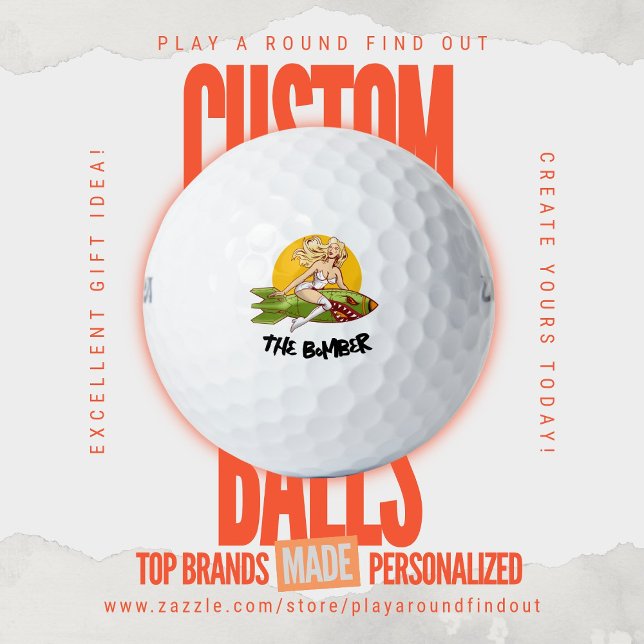 Pelota de Golf Personalizada Arte de Nose Bombarde (Custom golf balls by Play A Round Find Out, "The Bomber" WW2 era pin-up girl design)
