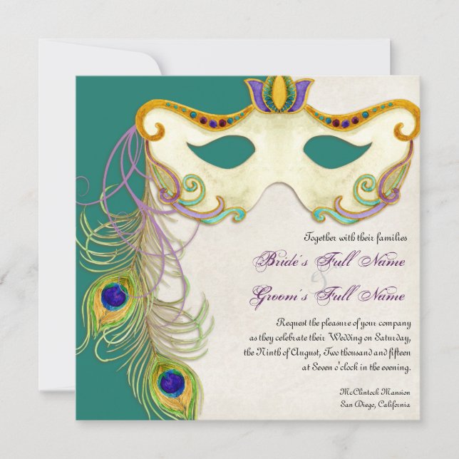 Pelota de máscaras de peacock - Invitación a la bo (Anverso)