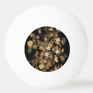 Pelota De Ping Pong Arte Floral de Otoño Vintage Japonés Negro Dorado