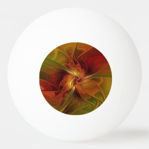 Pelota De Ping Pong Arte floral fractal abstracto rojo naranja marrón 