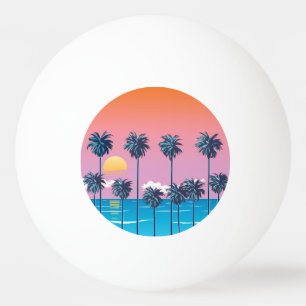 Pelota De Ping Pong Atardecer tropical: Ilustracion de playa vintage