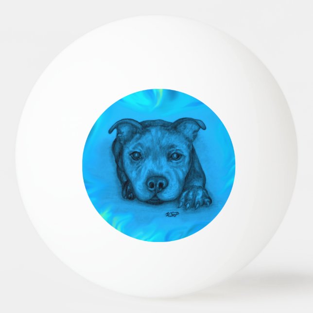 Pelota De Ping Pong Cachorro Staffy Azul (Anverso)