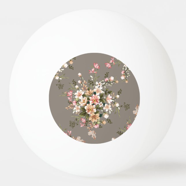 Pelota De Ping Pong Crema, flores rosas en gris. (Anverso)