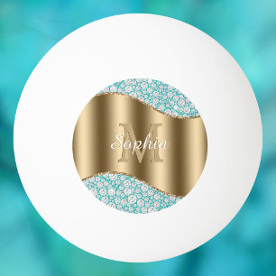Pelota De Ping Pong Diamantes Glam en Turquesa, Monograma de Oro, Nomb