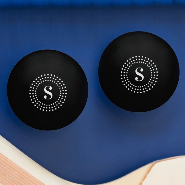Pelota De Ping Pong Dosis radiales retro inicial monograma sobre negro (Monogram initial retro radial dots on black ping pong ball)