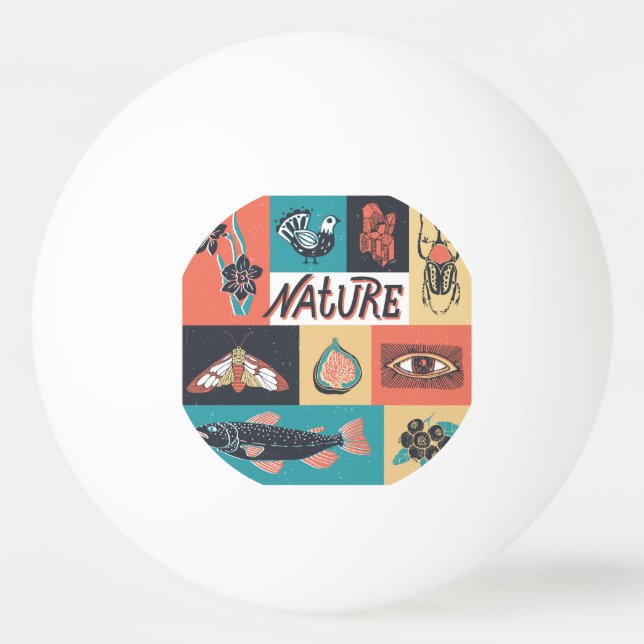 Pelota De Ping Pong Elementos Naturales, Iconos De Estilo Retro. (Anverso)