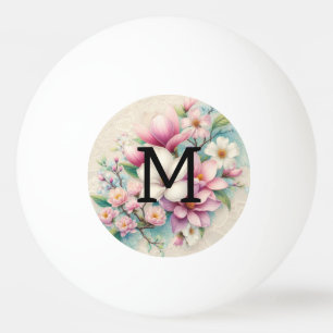 Pelota De Ping Pong Encaje de monograma flores de magnolias rosadas y
