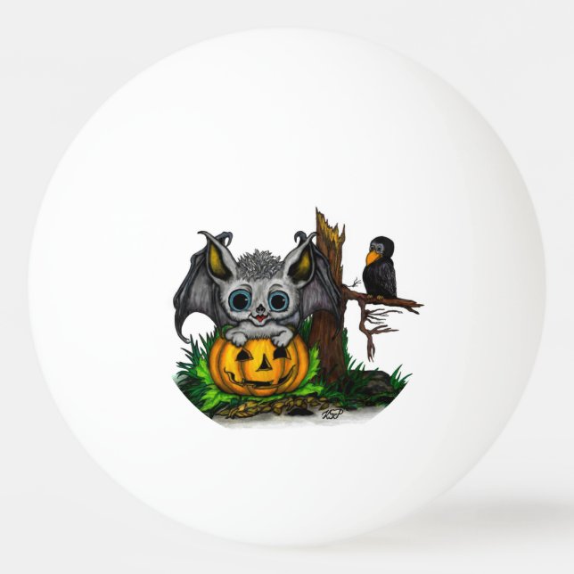 Pelota De Ping Pong Esperando Halloween , Cute Bat y Raven (Anverso)