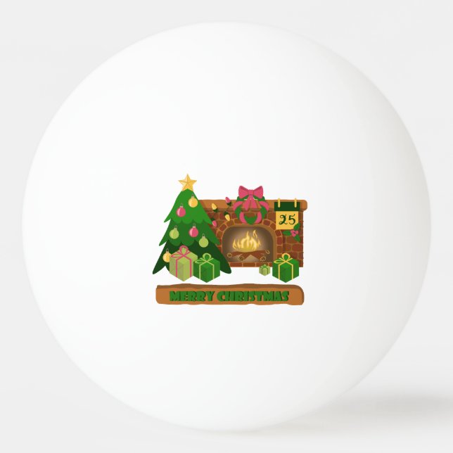 Pelota De Ping Pong Feliz Navidad cerca de la chimenea de fuego árbol  (Anverso)