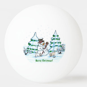 Pelota De Ping Pong ¡Feliz Navidad! Hombre de nieve con gato y cachorr