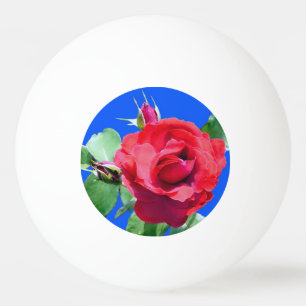 Pelota De Ping Pong flor de rosa roja y hojas verdes en azul