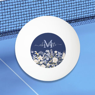 Pelota De Ping Pong Flores Azules Acuarela Floral Monograma Elegante