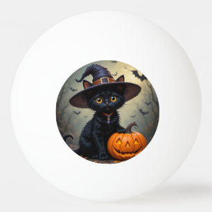 Pelota De Ping Pong Gato negro adorable que lleva sombrero de bruja