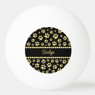 Pelota De Ping Pong Golden Paw Prints on Black with Custom Name