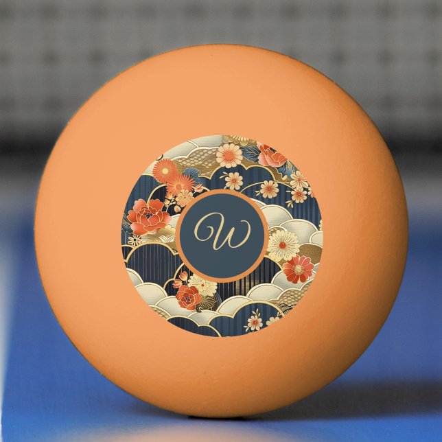 Pelota De Ping Pong Japanese Style Retro Teal Floral n Clouds Initial (Subido por el creador)